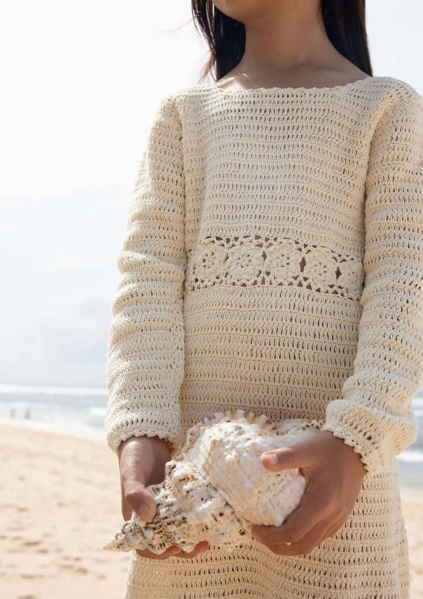 Cream Long Sleeve Crochet Dress