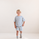 To T-shirt & Robin Short Set | Water Blue Off White Stripe