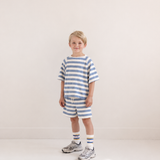 To T-shirt & Robin Short Set | Water Blue Off White Stripe