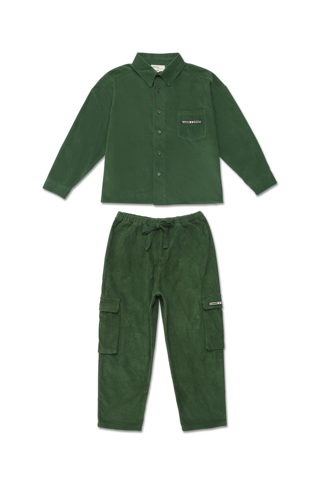 Button Down Shirt Cargo Cord Pants Set - Forest Green