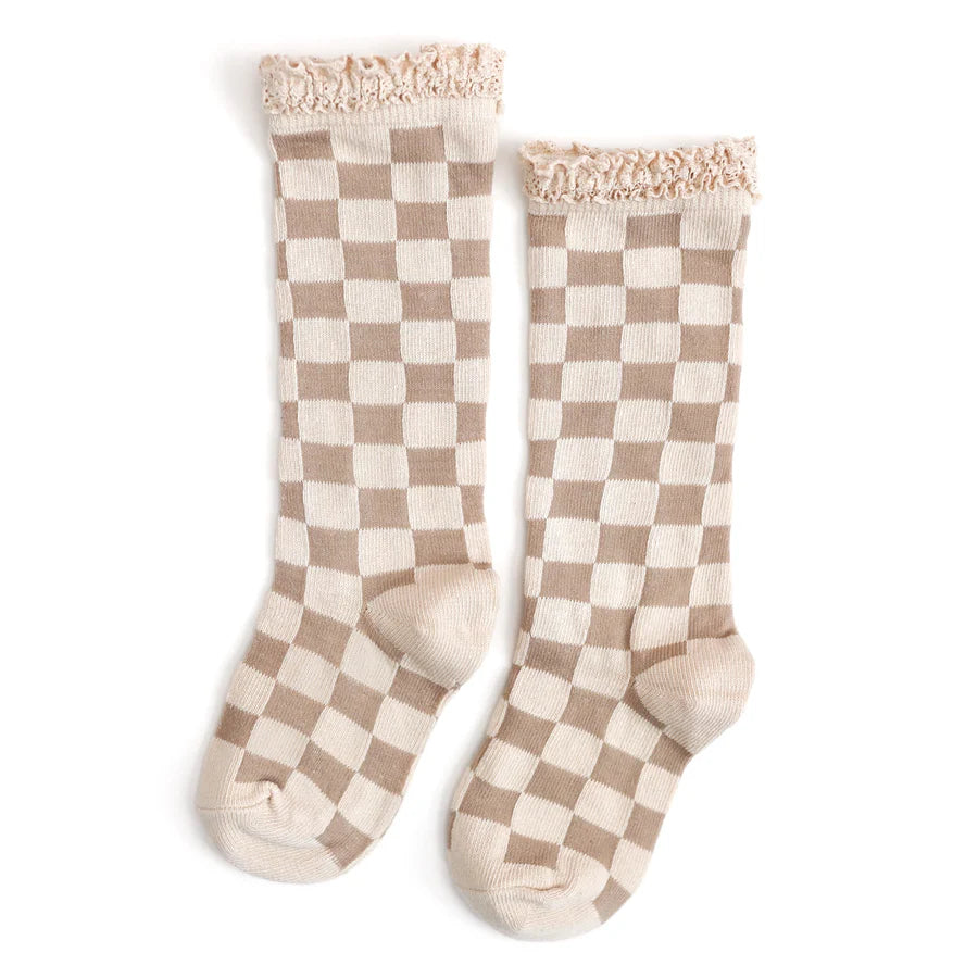 Checkered Lace Top Knee High Socks