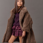 DOUUOD long double-breasted eco-teddy coat in brown - campaign