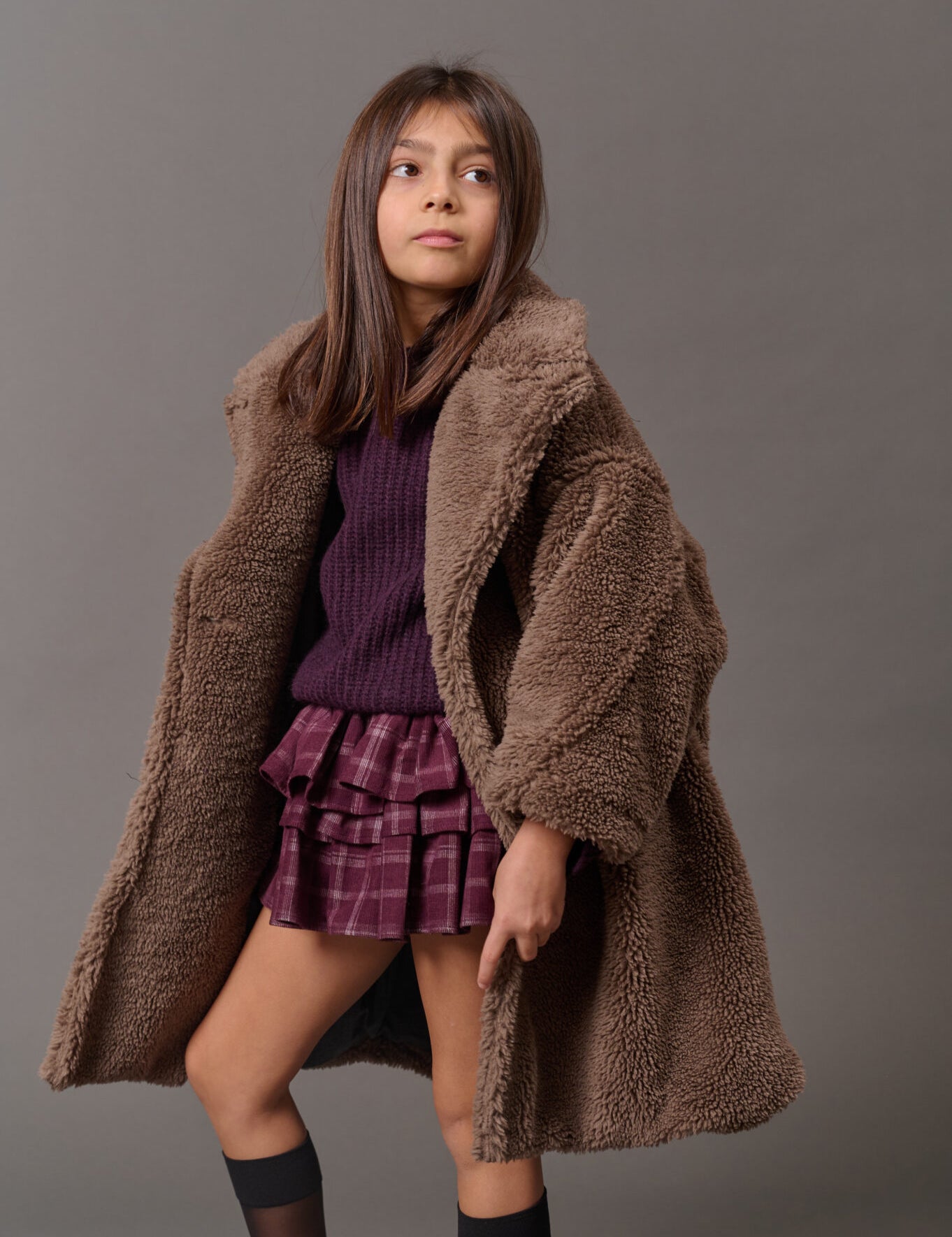 DOUUOD long double-breasted eco-teddy coat in brown - campaign