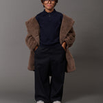 DOUUOD long double-breasted eco-teddy coat in brown - campaign styling
