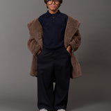 DOUUOD long double-breasted eco-teddy coat in brown - campaign styling