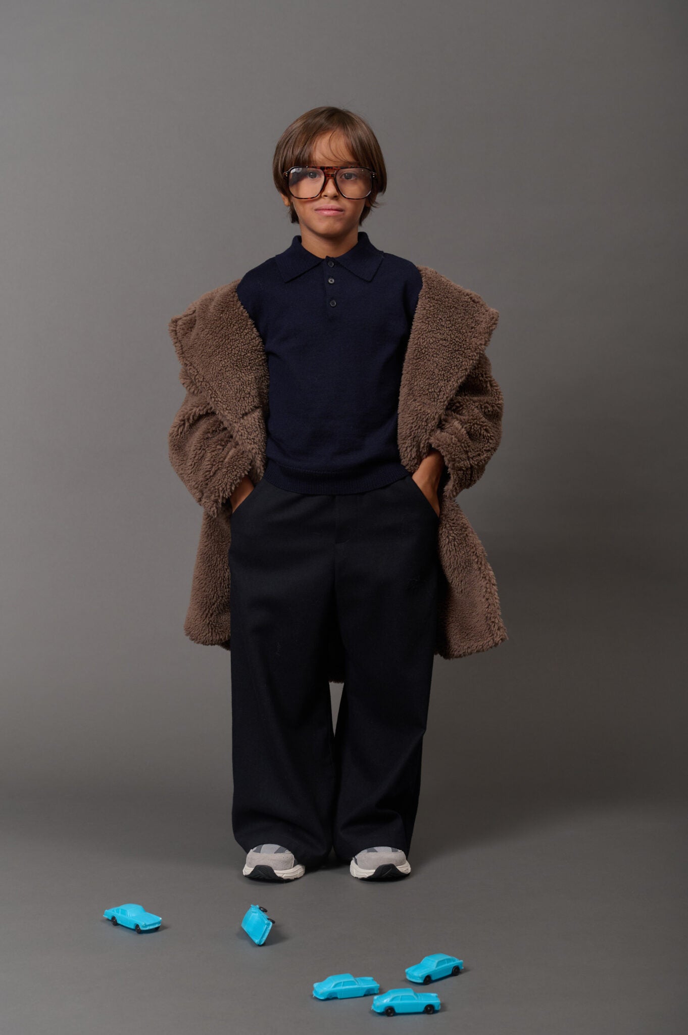 DOUUOD long double-breasted eco-teddy coat in brown - campaign styling