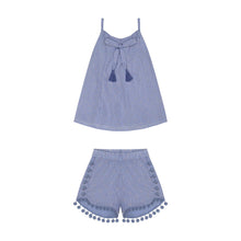 Load image into Gallery viewer, Colette girls top and pompom short set blue stripe swiss dot
