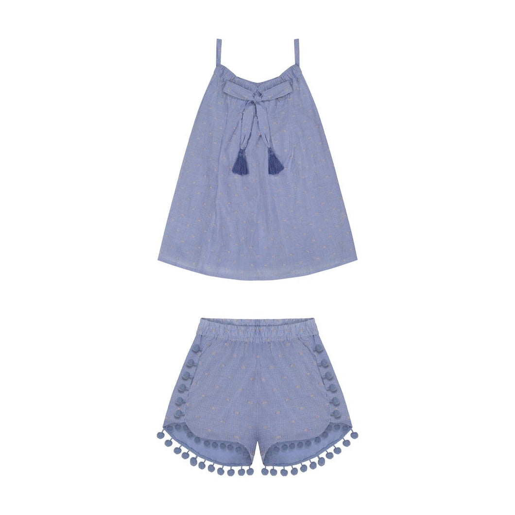 Colette girls top and pompom short set blue stripe swiss dot