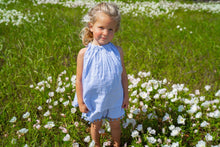 Load image into Gallery viewer, Colette girls top and pompom short set blue stripe swiss dot
