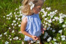 Load image into Gallery viewer, Colette girls top and pompom short set blue stripe swiss dot
