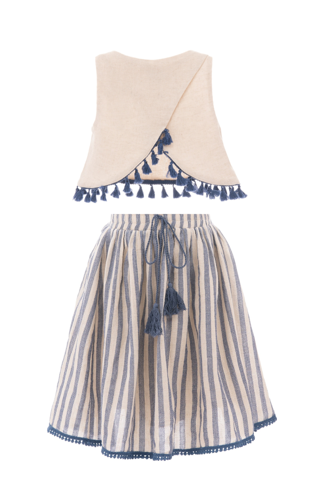 Tassel Linen Top & Skirt Set (blue)